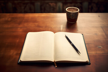 Fototapeta premium An open savings account book sits on a wooden desk, next to a calculator and a cup of coffee, symbolizing personal finance management.