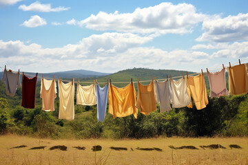 Various clothes are hanging to dry on an outdoor line, offering an energy-saving alternative to using a dryer.