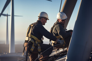 Maintainers or wind turbine technicians in equipment, uniform and helmets repair a turbine or windmill to produce wind energy.generative ai
 - obrazy, fototapety, plakaty