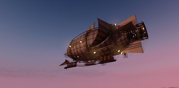 A huge steampunk airship with lights on against the backdrop of a blue pink evening sky. Beautiful fantasy 3D illustration. Beautiful fantastic wallpaper.