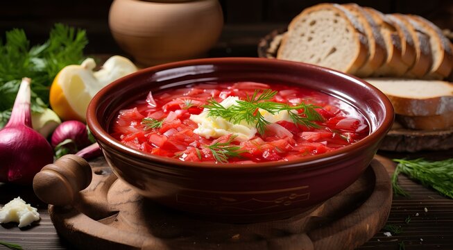 Traditional Ukrainian borscht in a plate with dill and sour cream