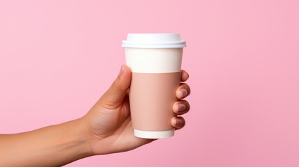 Female hand holding empty white blank paper cup of coffee with a cap. Isolated on pink background with copy space.