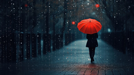 Rainy day at night, man holding a red umbrella in the rain - obrazy, fototapety, plakaty