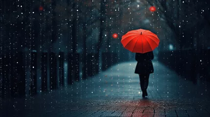 Fotobehang Rainy day at night, man holding a red umbrella in the rain © Katewaree