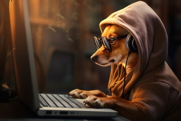 Portrait of a little dachshund dog wear glasses and working with a laptop - obrazy, fototapety, plakaty