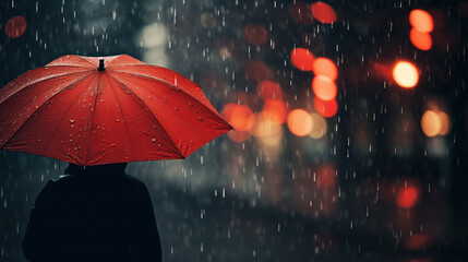 Rainy day at night, sad man holding a red umbrella in the rain