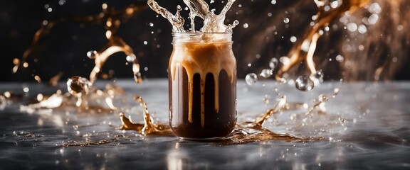 cold brew latte on dark marble background, coffee splash, drops and explosion  - obrazy, fototapety, plakaty