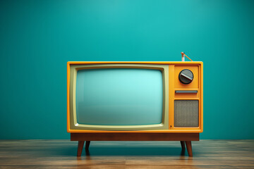 Old retro TV with a bright blue screen standing in an empty room on the floor on a blue background with space for inscriptions or text.generative ai

