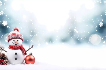 Fototapeta premium Chrismas decorations on a white snow. Cute Snowman with a snowflakes, chrismas balls and gifts on a blurred background with snowflakes.