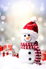 Fototapeta premium Chrismas decorations on a white snow. Cute Snowman with a snowflakes, chrismas balls and gifts on a blurred background with snowflakes.