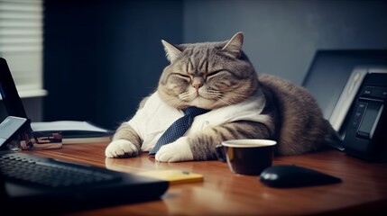 A fat cat is sitting at the office table in front of  AI generated illustration