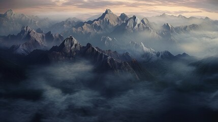A misty mountain range emerging from the clouds  AI generated illustration