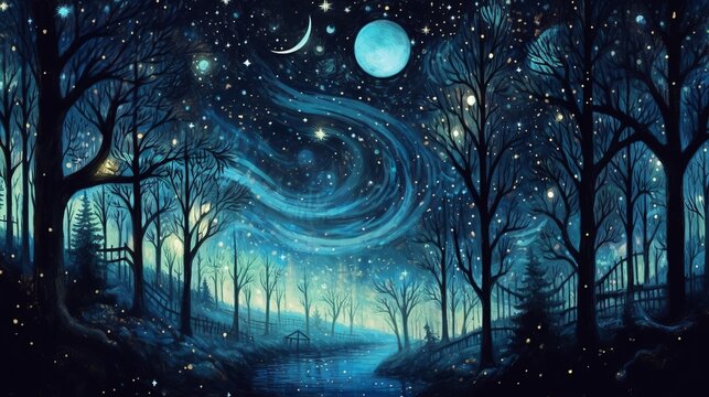 A night sky filled with shimmering stars and a cresc  AI generated illustration