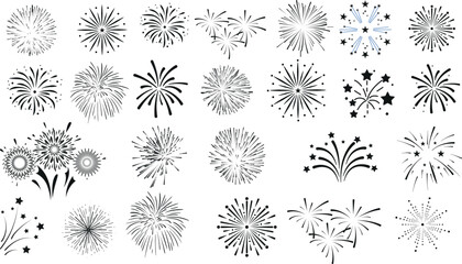 Fireworks, stars, bursts, vector illustration set. different styles, sizes. Perfect for New Year, celebrations, holiday, festive, party, night sky, pyrotechnics, sparks, bang, boom, pop, rocket - obrazy, fototapety, plakaty