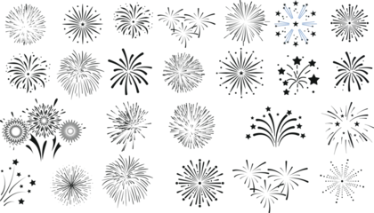Fotobehang Fireworks, stars, bursts, vector illustration set. different styles, sizes. Perfect for New Year, celebrations, holiday, festive, party, night sky, pyrotechnics, sparks, bang, boom, pop, rocket © Arafat