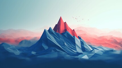 Abstract blue mountain with red flag on top success   AI generated illustration - obrazy, fototapety, plakaty