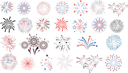 Fireworks vector illustration, vibrant colors for festive celebrations. Ideal for New Year Eve, Fourth of July, Diwali, Chinese New Year, Eid al-Fitr, Ramadan, Christmas, Halloween, party, holiday - obrazy, fototapety, plakaty