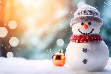 Chrismas decorations on a white snow. Cute Snowman with a snowflakes, chrismas balls and gifts on a blurred background with snowflakes.