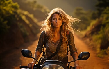 Fototapeta na wymiar Admirable lady riding a motorbike and glancing ahead