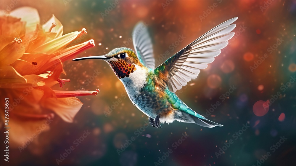 Poster blurred motion of a hummingbird hovering over a flow ai generated illustration
