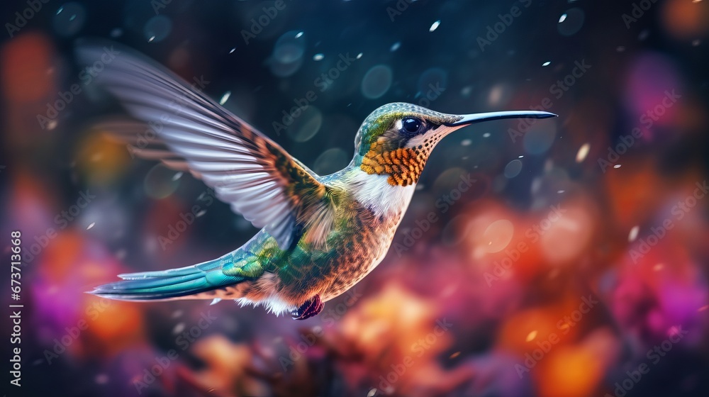 Poster blurred motion of a hummingbird hovering over a flow ai generated illustration