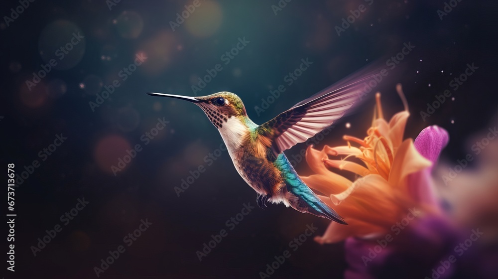 Poster blurred motion of a hummingbird hovering over a flow ai generated illustration