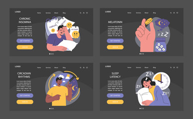 Insomnia dark or night mode web, landing set. Diverse characters suffering from sleep deprivation. Sleep and mental disorder. Sleep hygiene and stages. Circadian rhythm. Flat vector illustration. - obrazy, fototapety, plakaty