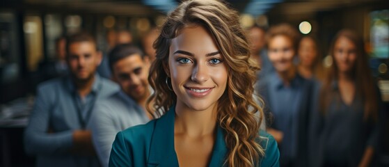 Among the crew at the office, a businesswoman is observing the camera. .