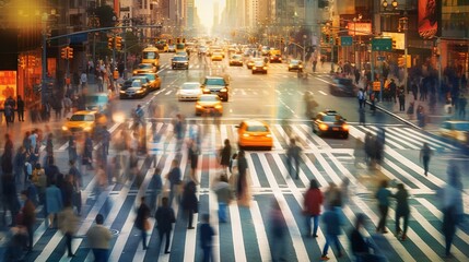 Blurred motion of people crossing a busy city inters  AI generated illustration