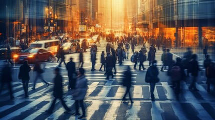 Obraz premium Blurred motion of people crossing a busy city inters AI generated illustration