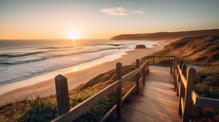 Stunning Tranquil Beach Landscape. Coast dune beach sea, panorama. Wooden fences on the shore. Sand and green grass.