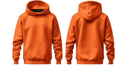Orange front and back view hoodie mockup image isolated on transparent background. No background.