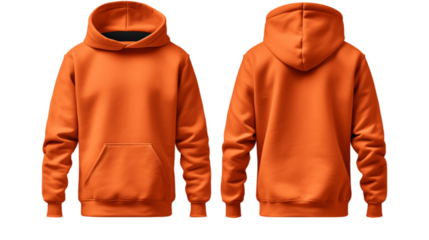 Orange front and back view hoodie mockup image isolated on transparent background. No background.