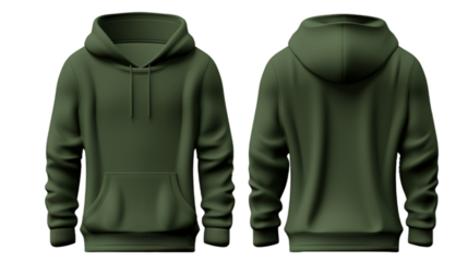Army green front and back view hoodie mockup image isolated on transparent background. No background.