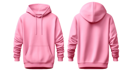 Pink front and back view hoodie mockup image isolated on transparent background. No background.