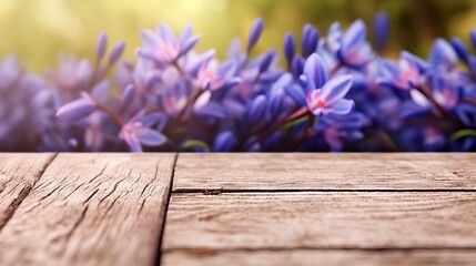 Empty wooden surface with with blue spring flower bl  AI generated illustration