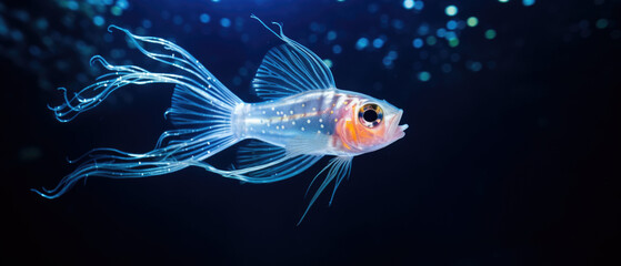 Fototapeta premium Little transparent fish glow on a black background
