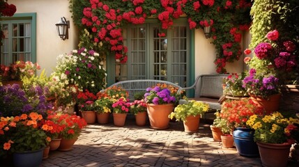 Fototapeta na wymiar A garden patio surrounded by colorful potted flowers, creating a charming and inviting outdoor space.