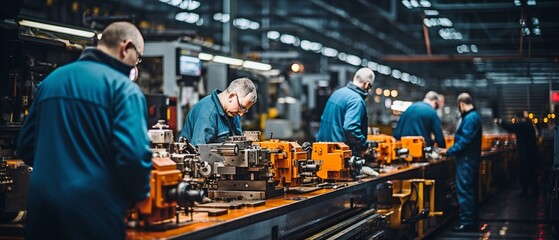 Naklejka premium Workers working a lathe machine in a factory floor.