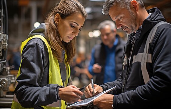 A female architect with a hard hat and a carpenter inside a building site, studying project designs on a tablet computer .