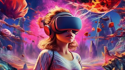 Woman with VR headset exploring the metaverse  AI generated illustration