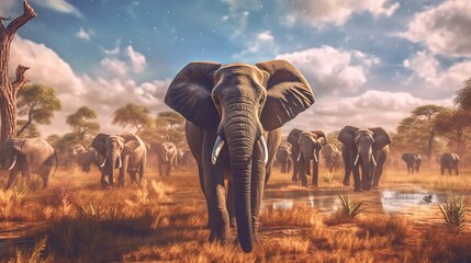 Fototapeta premium A herd of elephants traversing a savannah representi AI generated illustration
