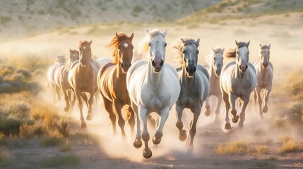 A herd of wild horses running free representing the   AI generated illustration - obrazy, fototapety, plakaty
