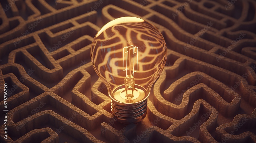 Poster a lightbulb with a maze inside representing the conc ai generated illustration