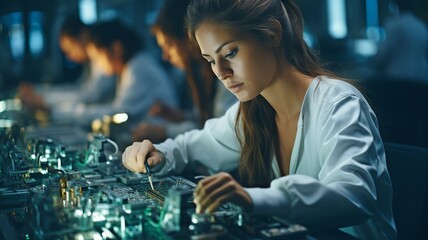 A female electrical engineer in a white lab coat is performing an optical check on PCB boards while working on an electronic assembly line.. - obrazy, fototapety, plakaty