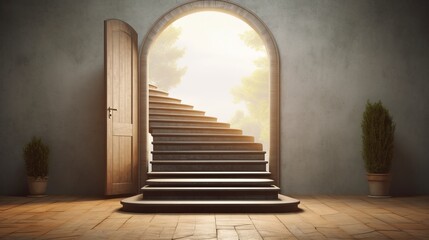 A set of stairs leading up to a door representing th  AI generated illustration