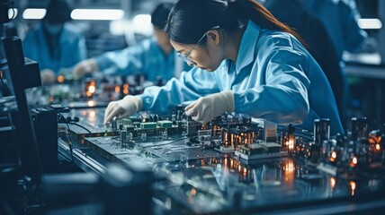 A female electrical engineer in a white lab coat is performing an optical check on PCB boards while working on an electronic assembly line..