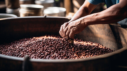 A close-up of coffee beans being sorted and examined for quality, emphasizing the attention to detail in the selection of premium beans and the importance of quality control in cof 