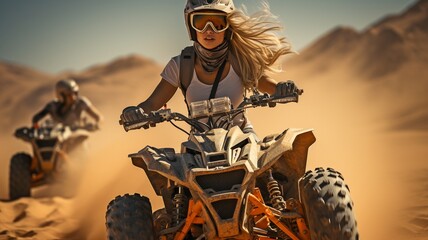 ATV rider in the desert of Dubai on sand dunes . - obrazy, fototapety, plakaty
