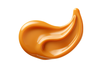 Beautifully smeared melted caramel isolated on white background, top view.generative ai